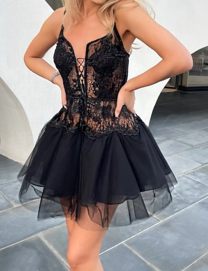 Black Spaghetti Strap Lace Sequin Lace-Up Tulle Mini Dress