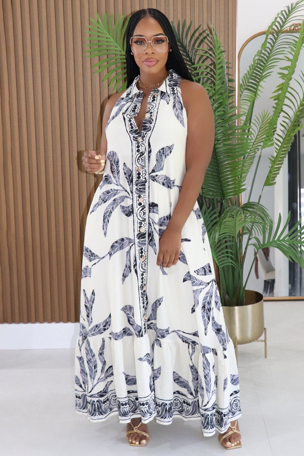 Floral V Neck Sleeveless Button Loose Fit Maxi Dresses-White [Pre Order]
