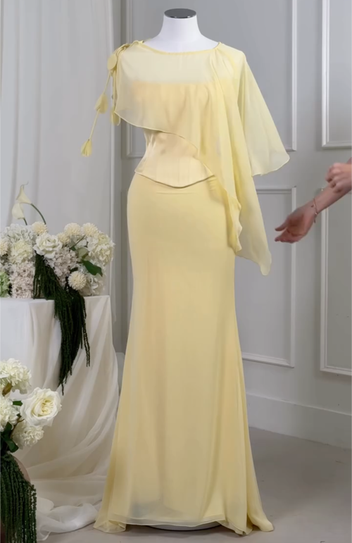 2-Color Chiffon Capelet Corset Mermaid Maxi Dresses - Light Blue / Yellow Formal Evening Gowns