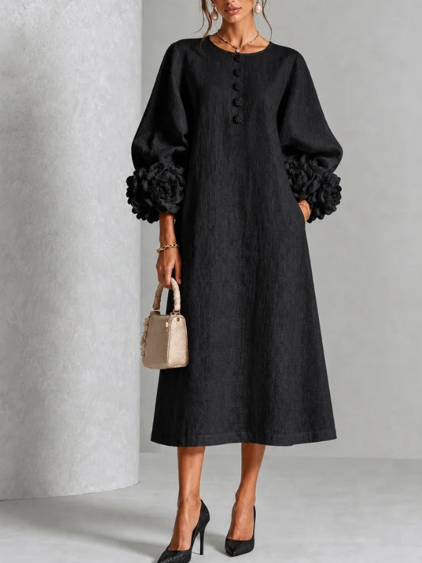 Elegant 3D Floral Cuff Button-Front Midi Dress
