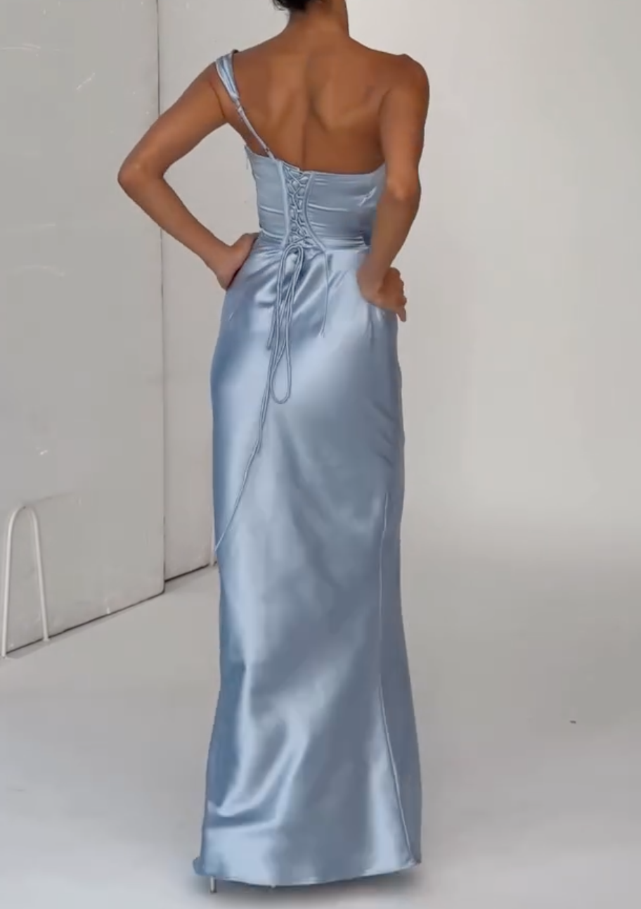 Dusty Blue Satin One-Shoulder Maxi Dress with Cowl Neck & Lace-Up Back