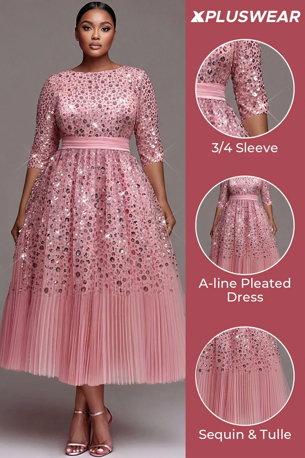 Tulle Pink Round Neck 3/4 Sleeve Pleated Sequin Midi Dresses