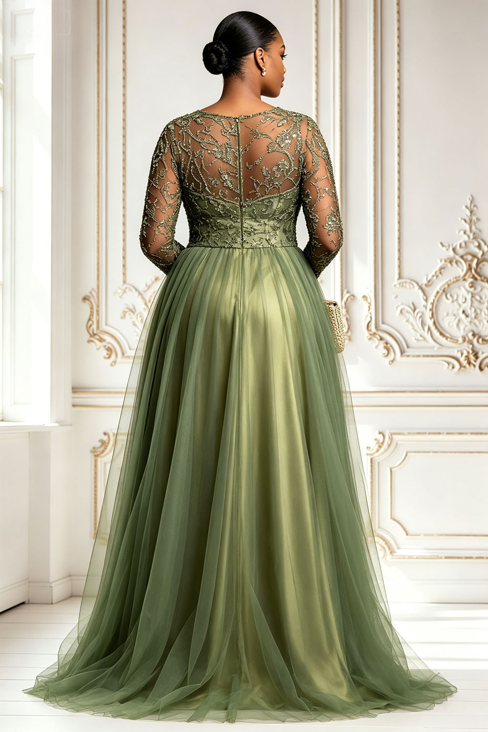 Tulle Sage Green Round Neck Long Sleeve Split Contrast Satin Maxi Dresses