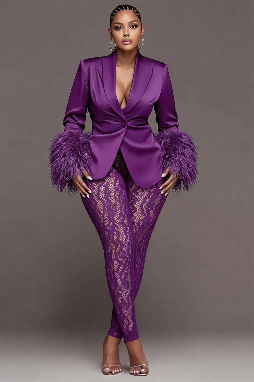 Mardi Gras Lace Purple Lapel Collar Long Sleeve Feather See Through Satin Two Piece Pant Suits