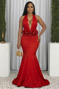 Deep V Neck 3D Floral Backless Mermaid Gowns Maxi Dresses-Red [Pre Order]
