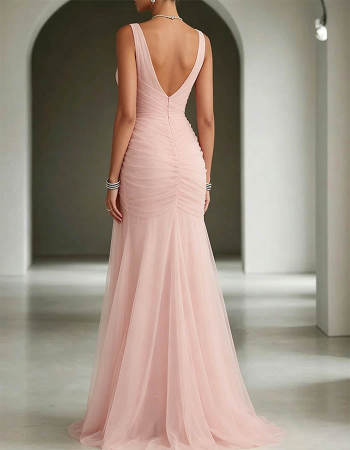 Tulle V-Neck Ruched Mermaid Maxi Dress