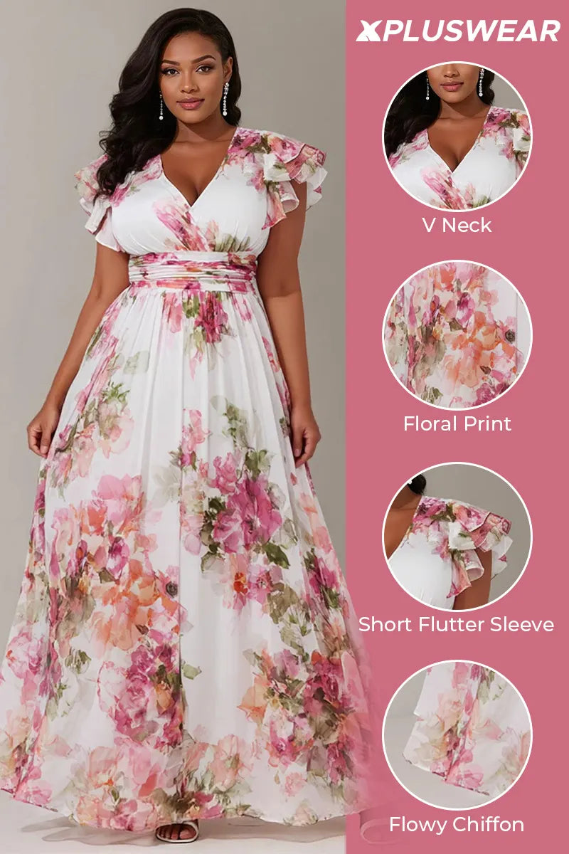Vacation Pink Floral V Neck Flutter Sleeve Short Sleeve Ruffle Chiffon Maxi Dresses