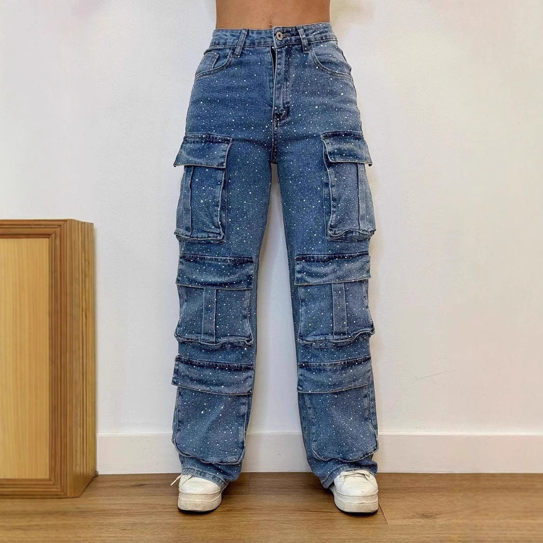 Women's Rhinestone Multi-pocket Work Jeans