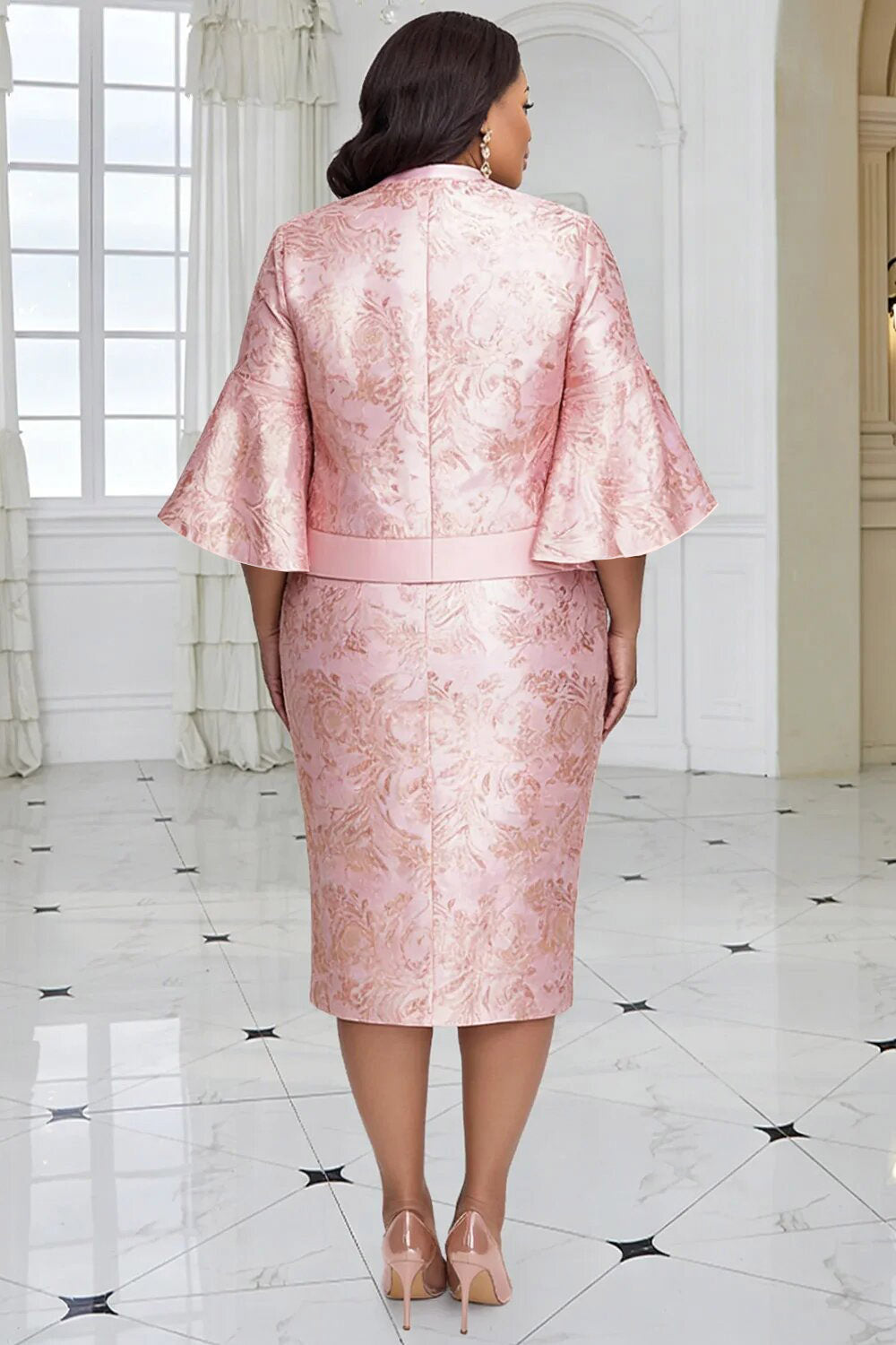 Pink Floral Flare 3/4 Sleeve Bodycon Satin Two Piece Dress Set