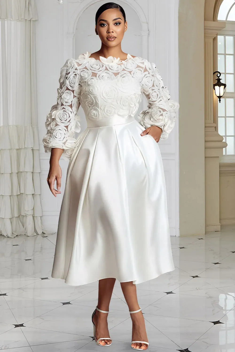 Wedding White Round Neck 3/4 Sleeve 3D Elegant Pocket Satin Midi Dresses