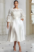 Wedding White Round Neck 3/4 Sleeve 3D Elegant Pocket Satin Midi Dresses