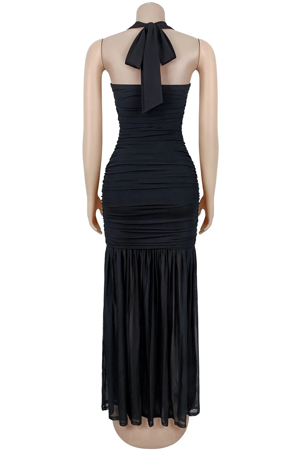Halter Backless Ruched Solid Color Slit Mesh Hem Gowns Maxi Dresses-Black
