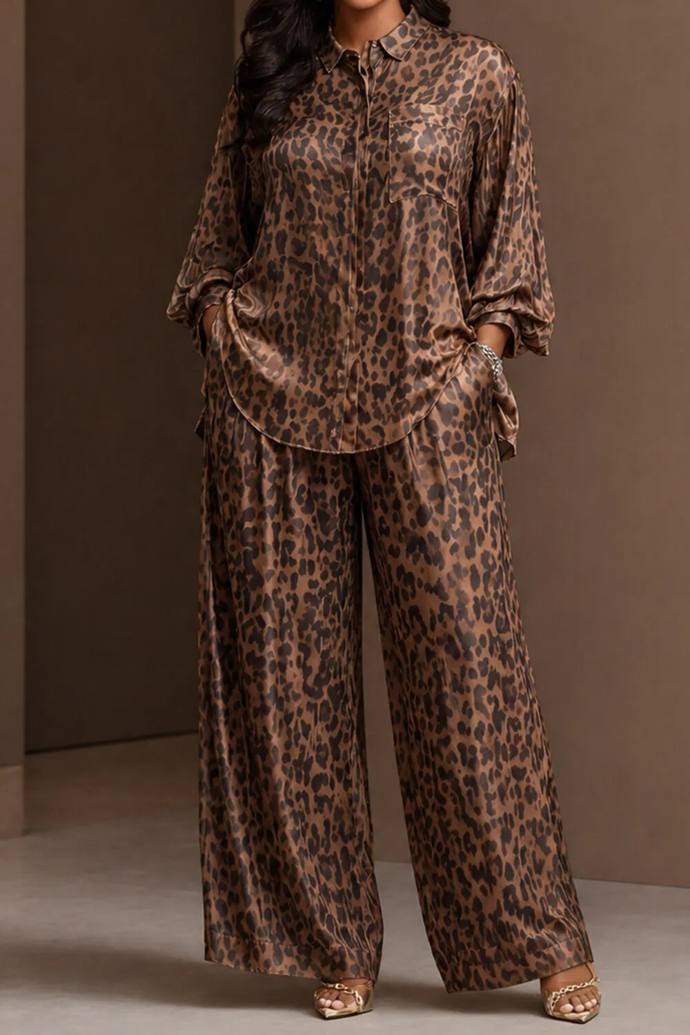 Business Casual Brown Leopard Shirt Collar Long Sleeve Pocket Wide Leg Two Piece Pant Sets [Pre-Order]