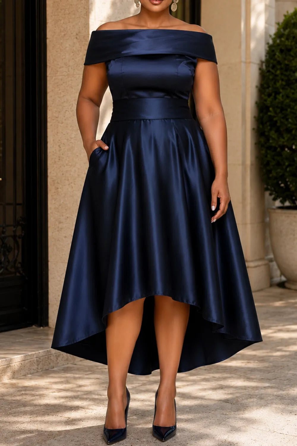 Wedding Guest Elegant Navy Blue Off The Shoulder Short Sleeve Asymmetric Hem Pocket Satin Midi Dresses