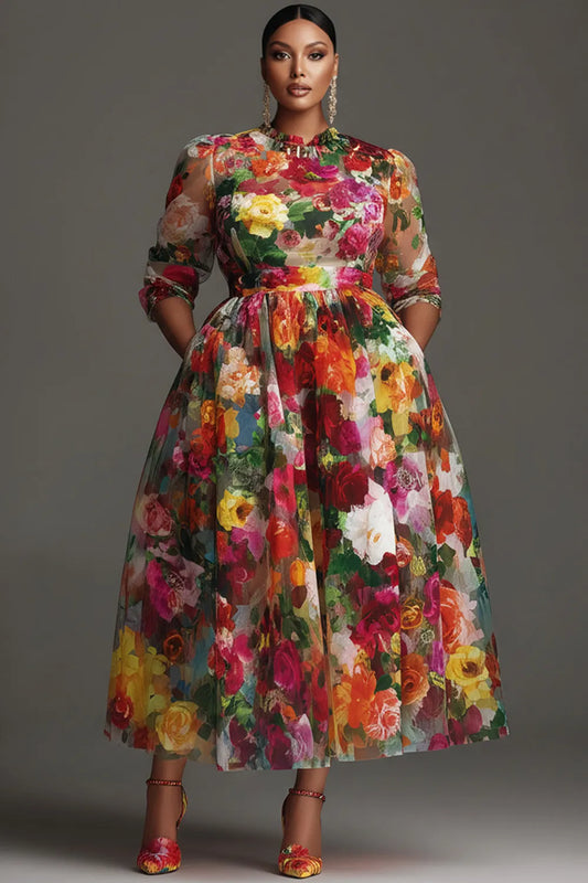 Cocktail Party Multicolor Floral Round Neck Long Sleeve Pocket Chiffon Midi Dresses