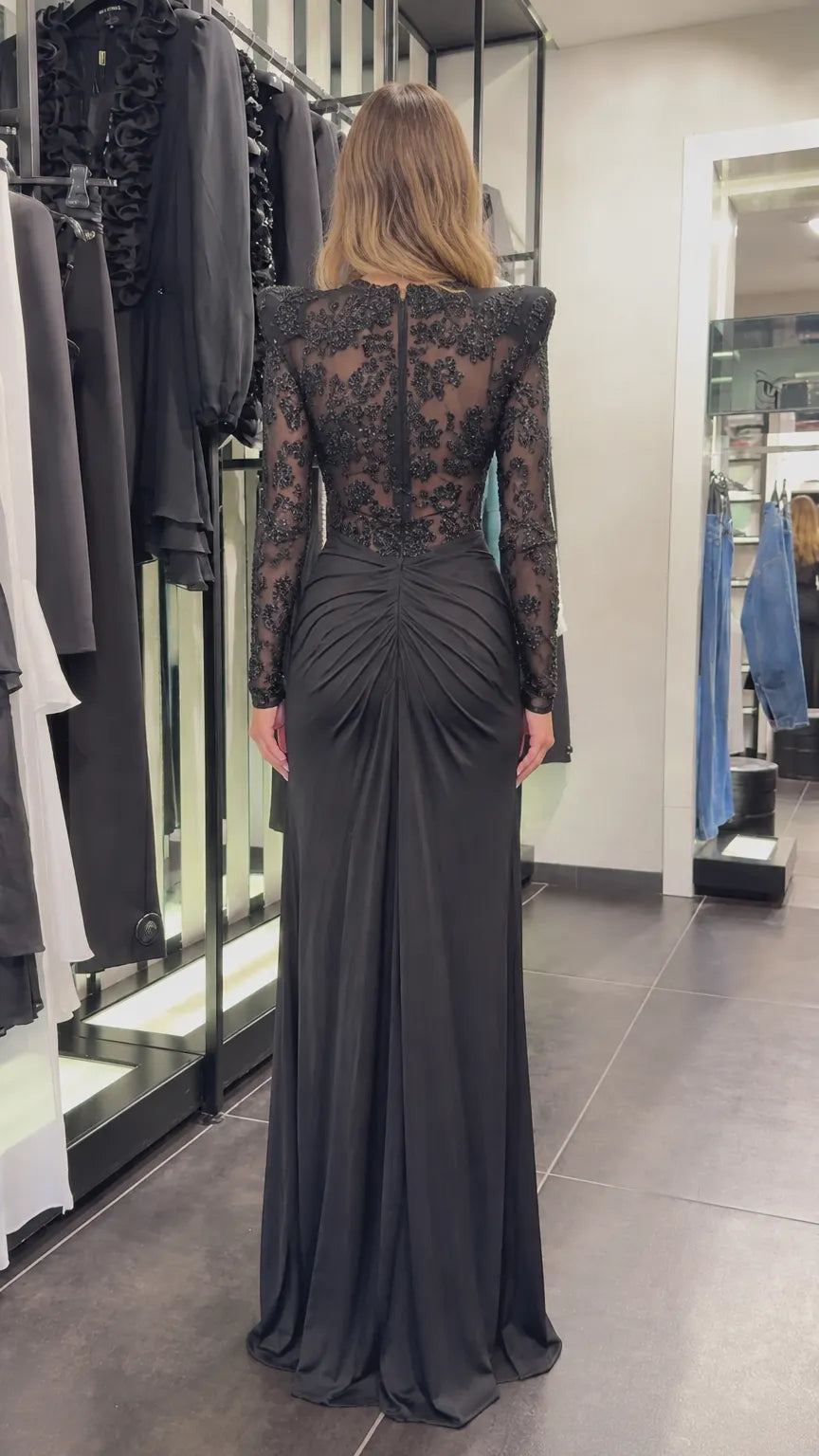 Embellished Long Sleeve Ruched Maxi Evening Dress