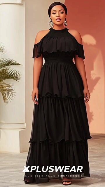 Cocktail Party Black Halter Collar Cold Shoulder Short Sleeve Ruffle Tiered Chiffon Maxi Dresses