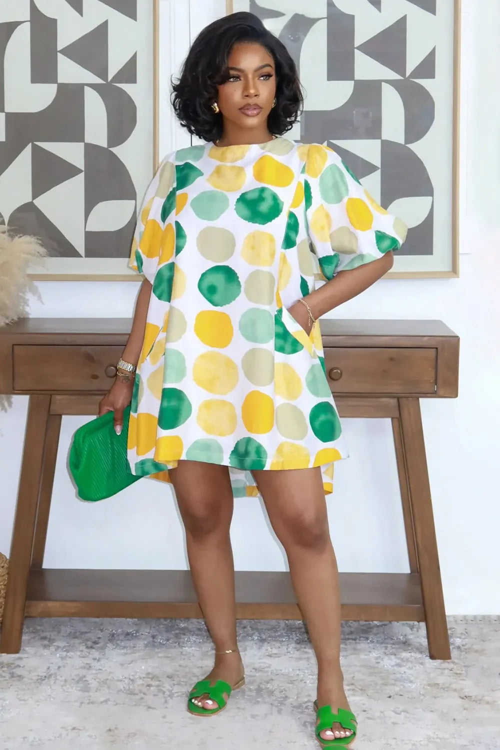 All Over Print Puff Sleeve Loose Fit Mini Dresses-Multicolor [Pre Order]