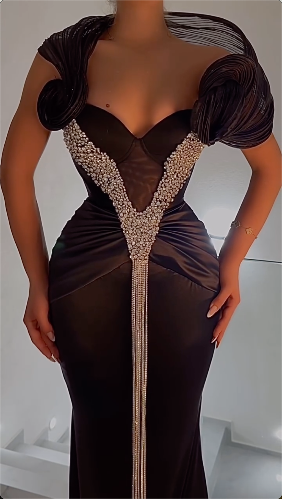 Opulent Black Off-Shoulder Crystal-Encrusted Mermaid Maxi Dress with Sculptural Tulle Sleeves