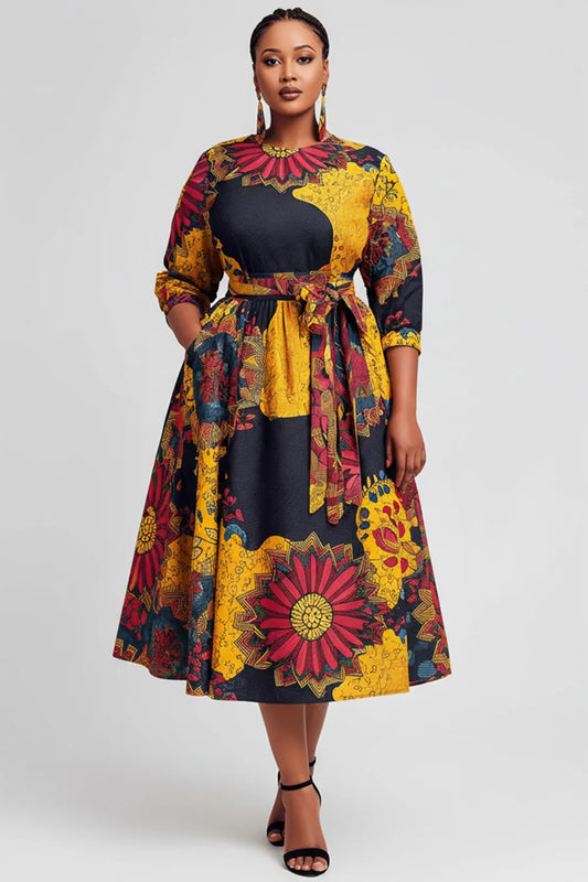 Business Casual Multicolor African Print Round Neck 3/4 Sleeve Wrap Pocket Midi Dresses