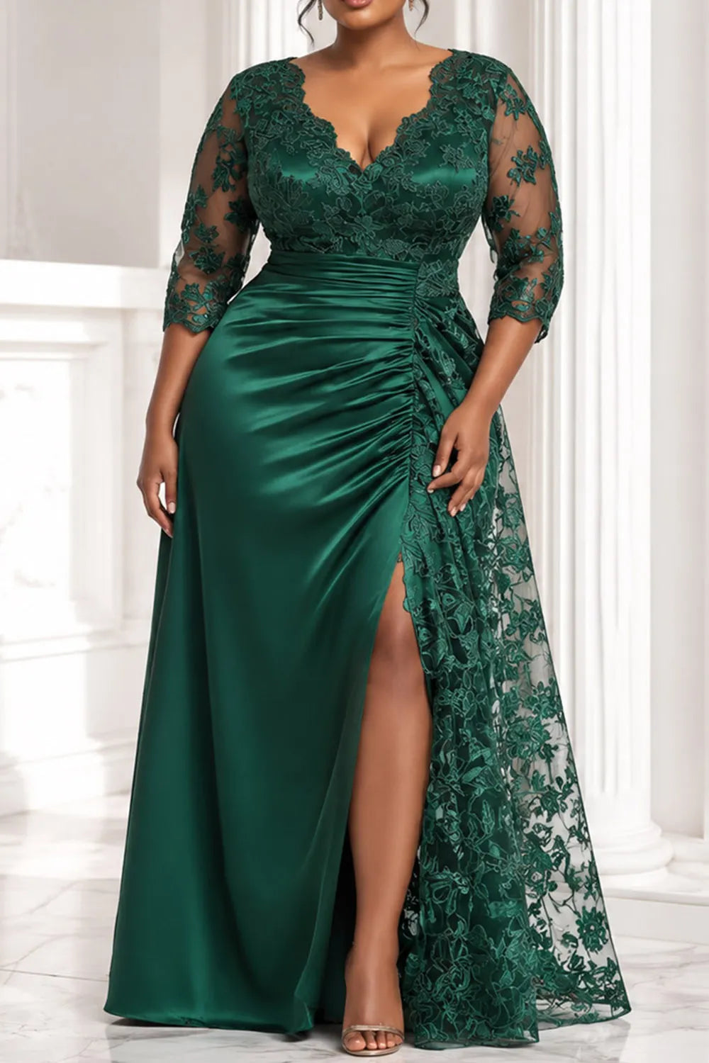 Satin Emerald Green V Neck 3/4 Sleeve Split Contrast Lace Maxi Dresses [Pre-Order]