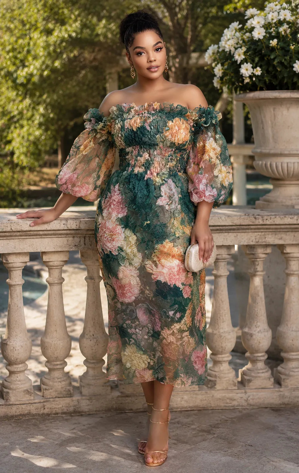 Wedding Guest Green Floral Off The Shoulder Short Sleeve Smocking Chiffon Midi Dresses