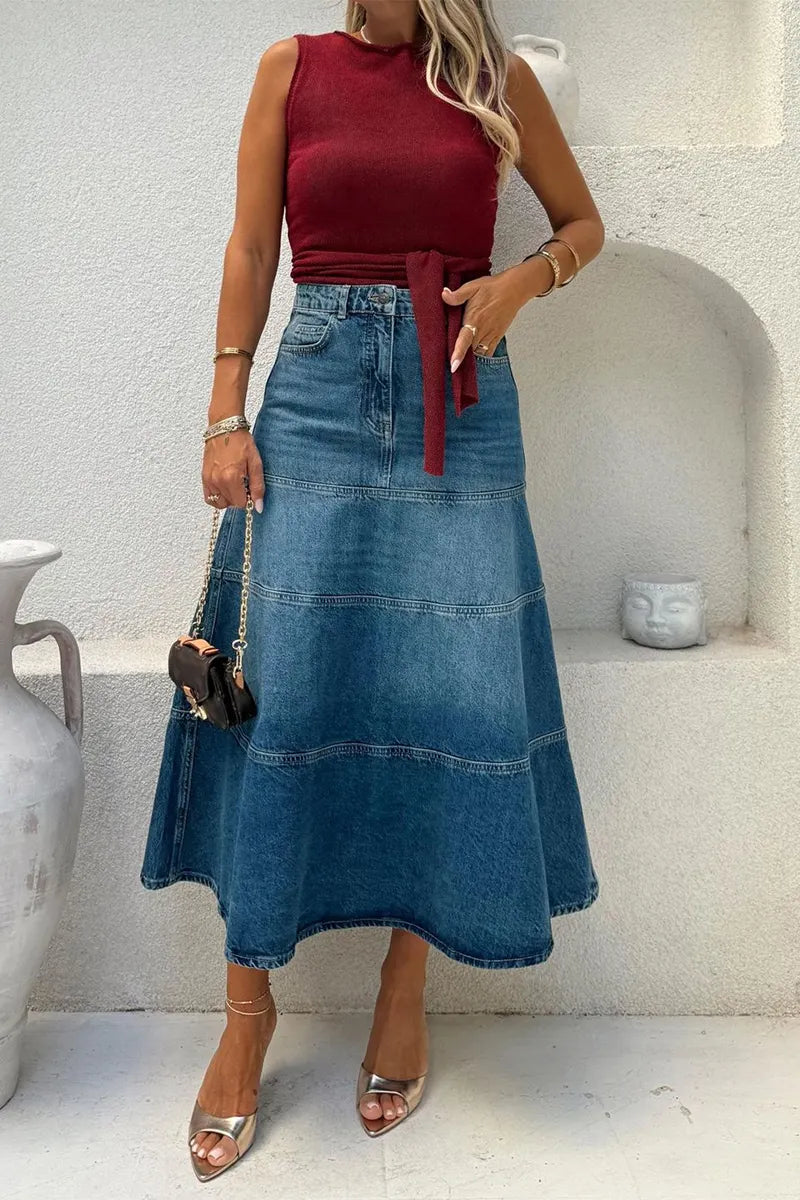 Women's Vintage High Waist A Line Casual Denim Skirt