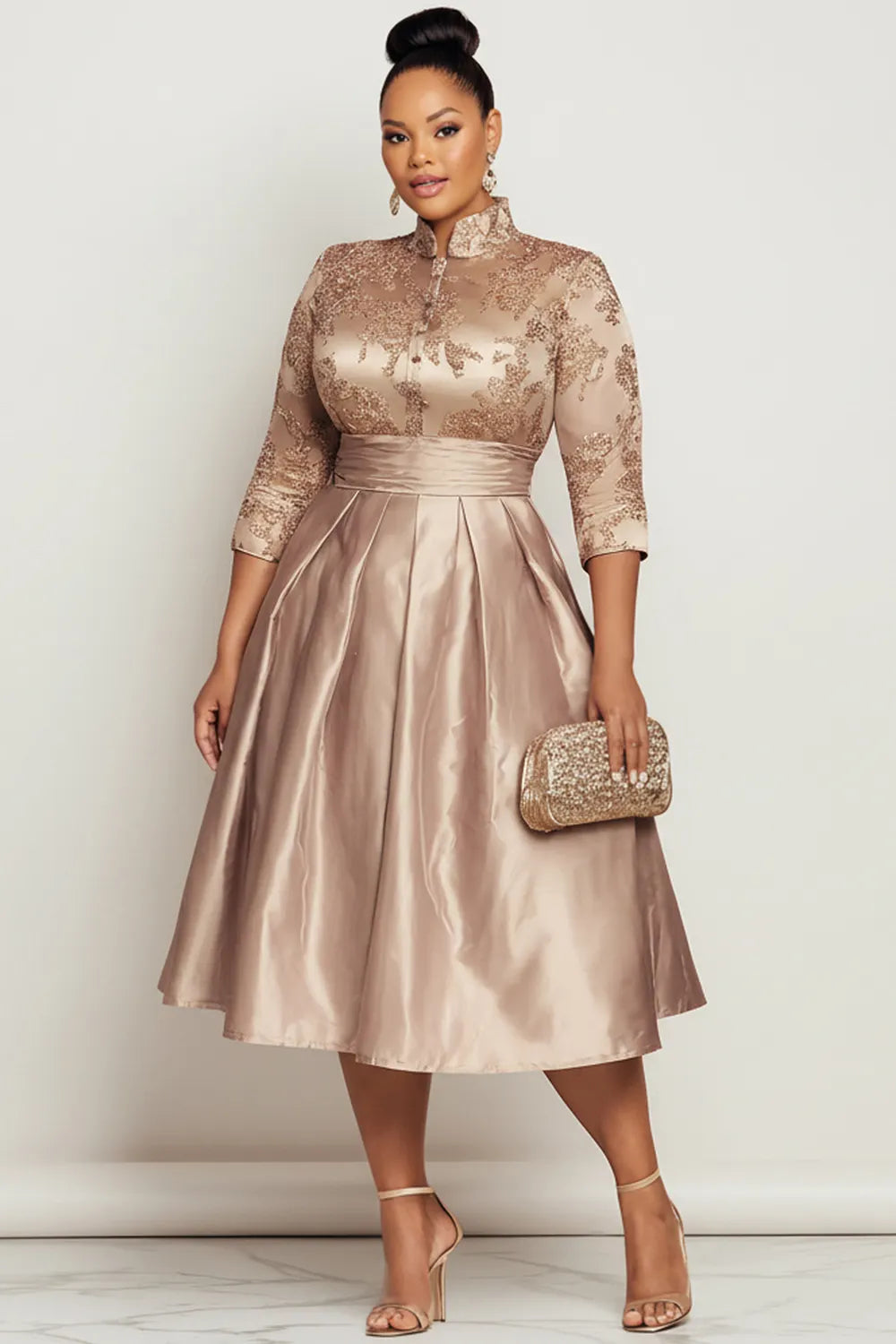 Churchs Champagne Stand-Up Collar 3/4 Sleeve Pocket Elegant Contrast Satin Midi Dresses