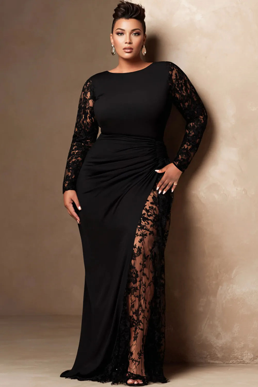 Black Round Neck Long Sleeve Contrast See Through Lace Maxi Dresses