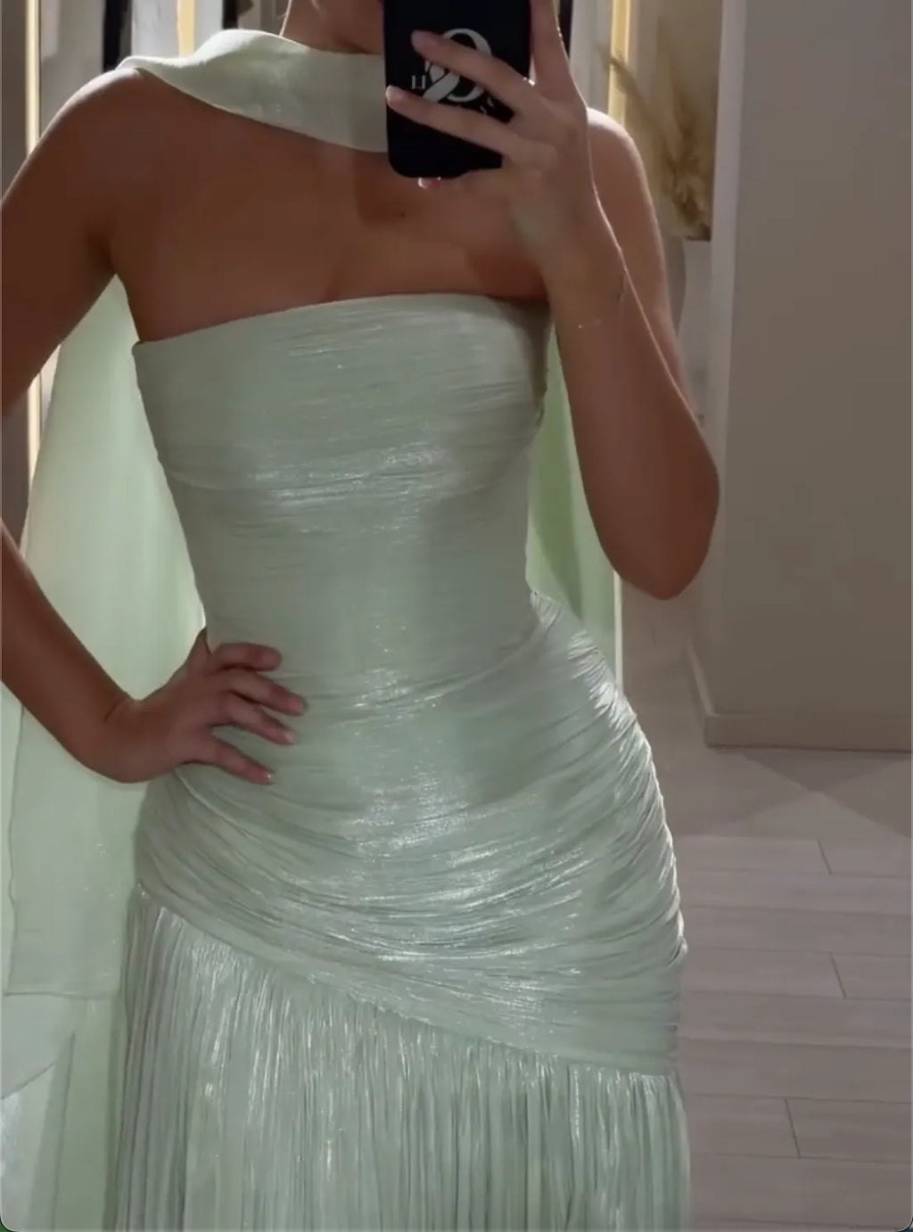 Mint Green Strapless Evening Dress - Draped Pleated Metallic Formal Gown