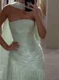 Mint Green Strapless Evening Dress - Draped Pleated Metallic Formal Gown