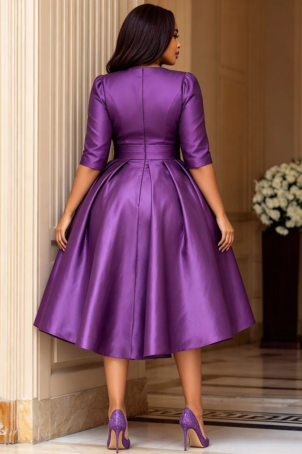 Cocktail Party Purple Round Neck Half Sleeve Pocket Satin Midi Dresses
