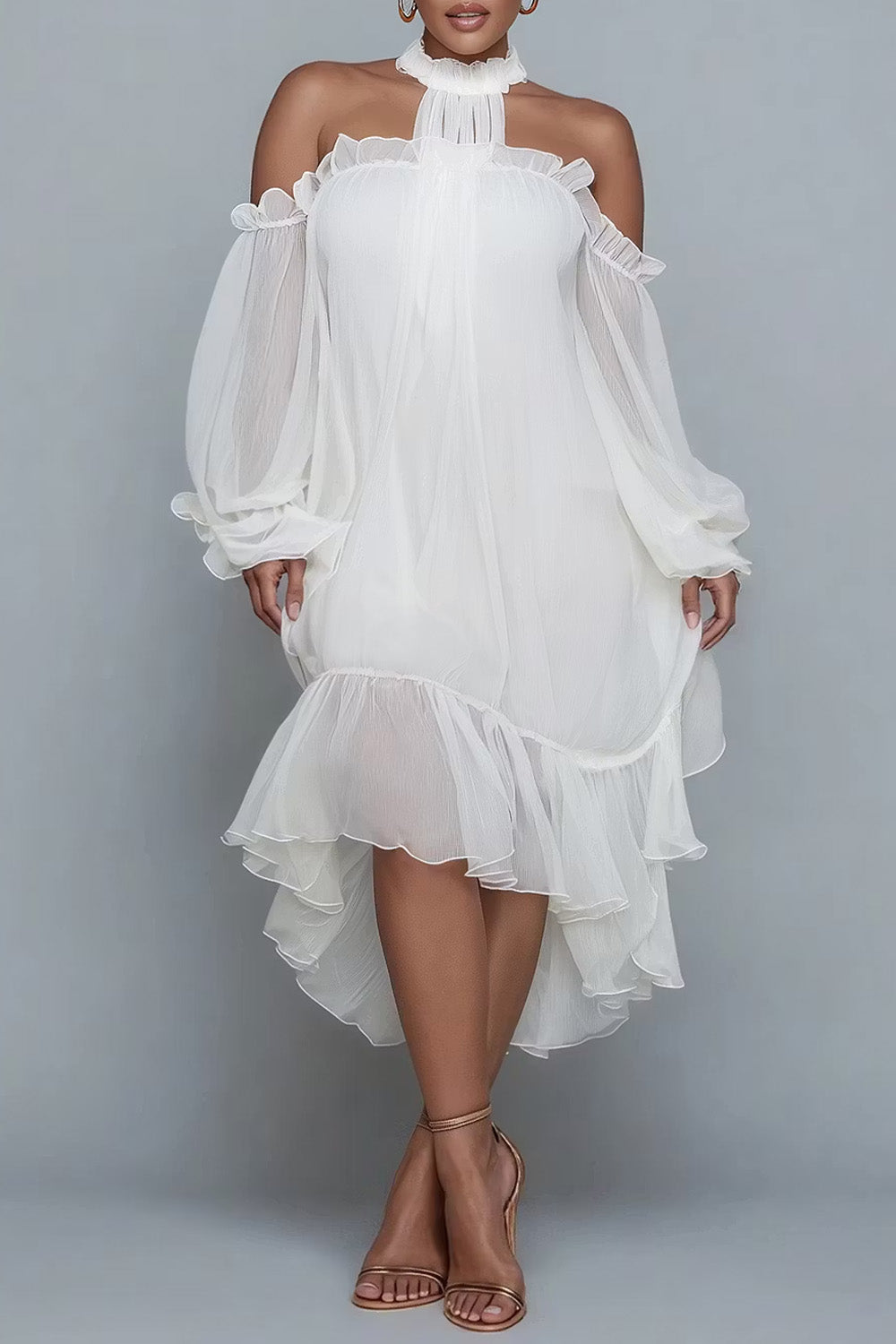 Birthday White Halter Collar Cold Shoulder Long Sleeve Ruffle Asymmetric Hem Irregular Hem Chiffon Midi Dresses