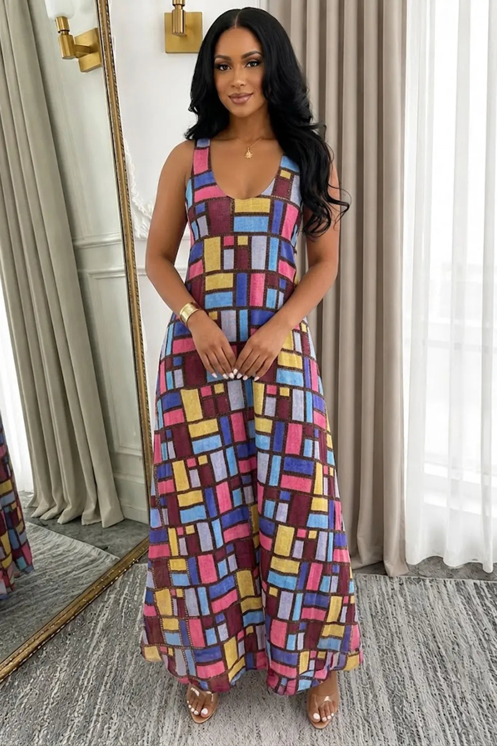 Colorblock Wide Strap Sleeveless Loose Fit Casual Maxi Dresses-Multicolor
