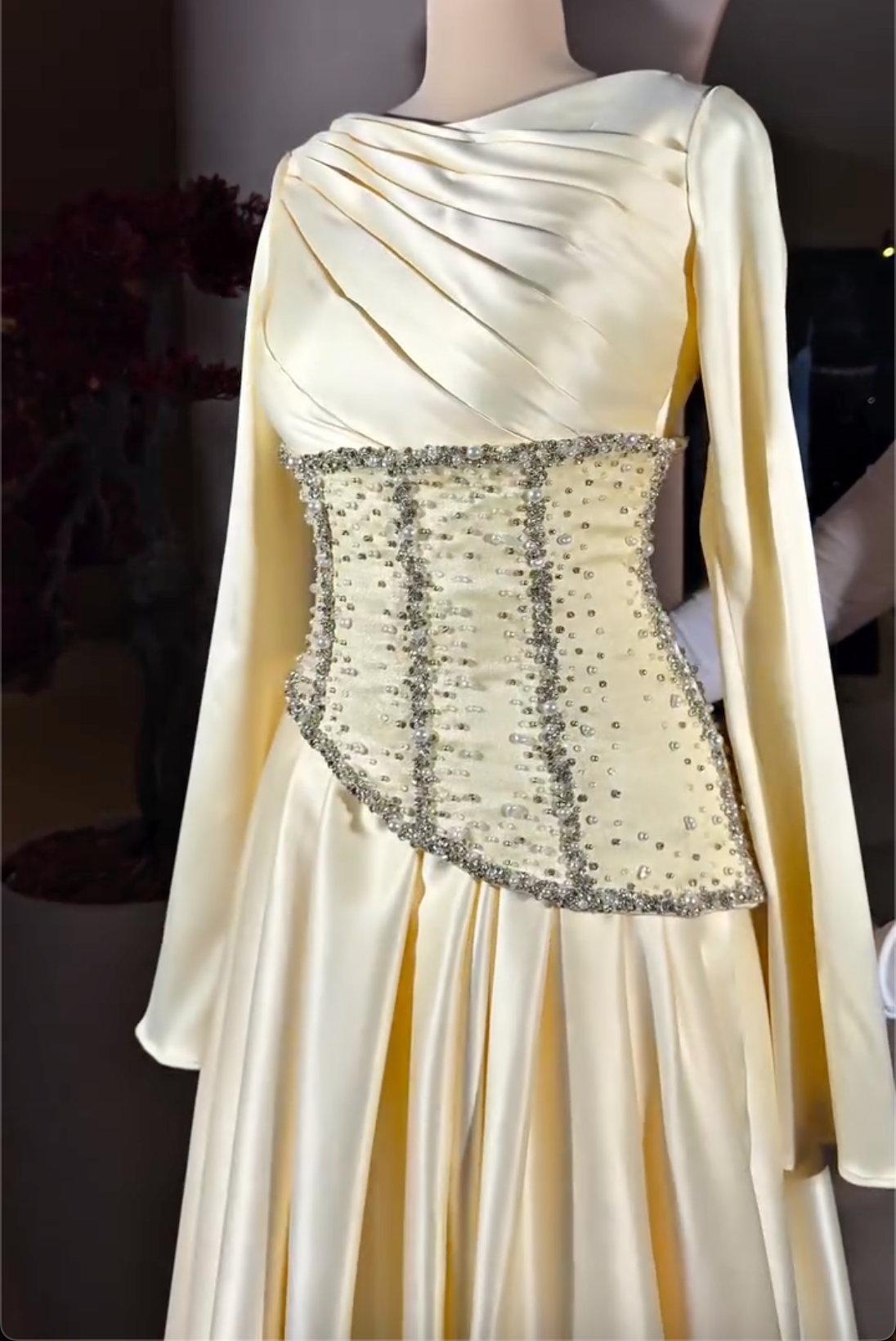Cream Satin Maxi Dress with Beaded Corset Waist & Lace-Up Back