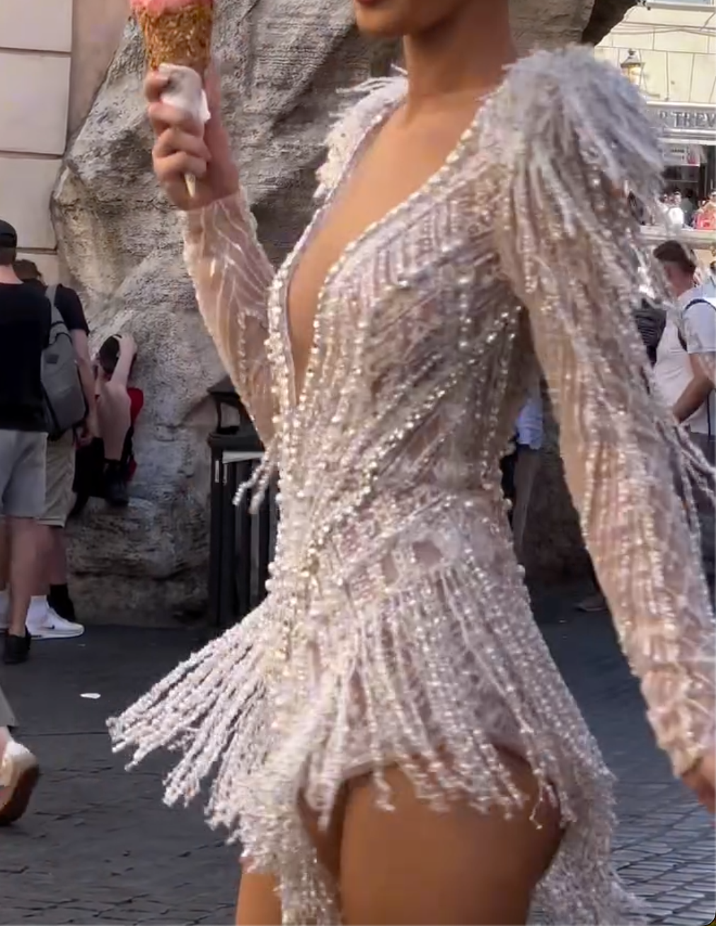 White Beaded Fringe Long Sleeve Mini Cocktail Dress, Deep V Neck Sheer Mesh Party Dress