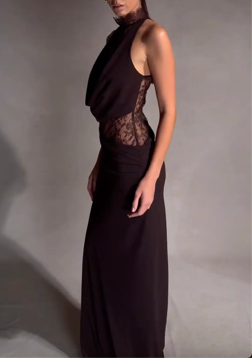 Dark Brown Lace Halter Maxi Dress with Cowl Neck & Sheer Waist Cutout