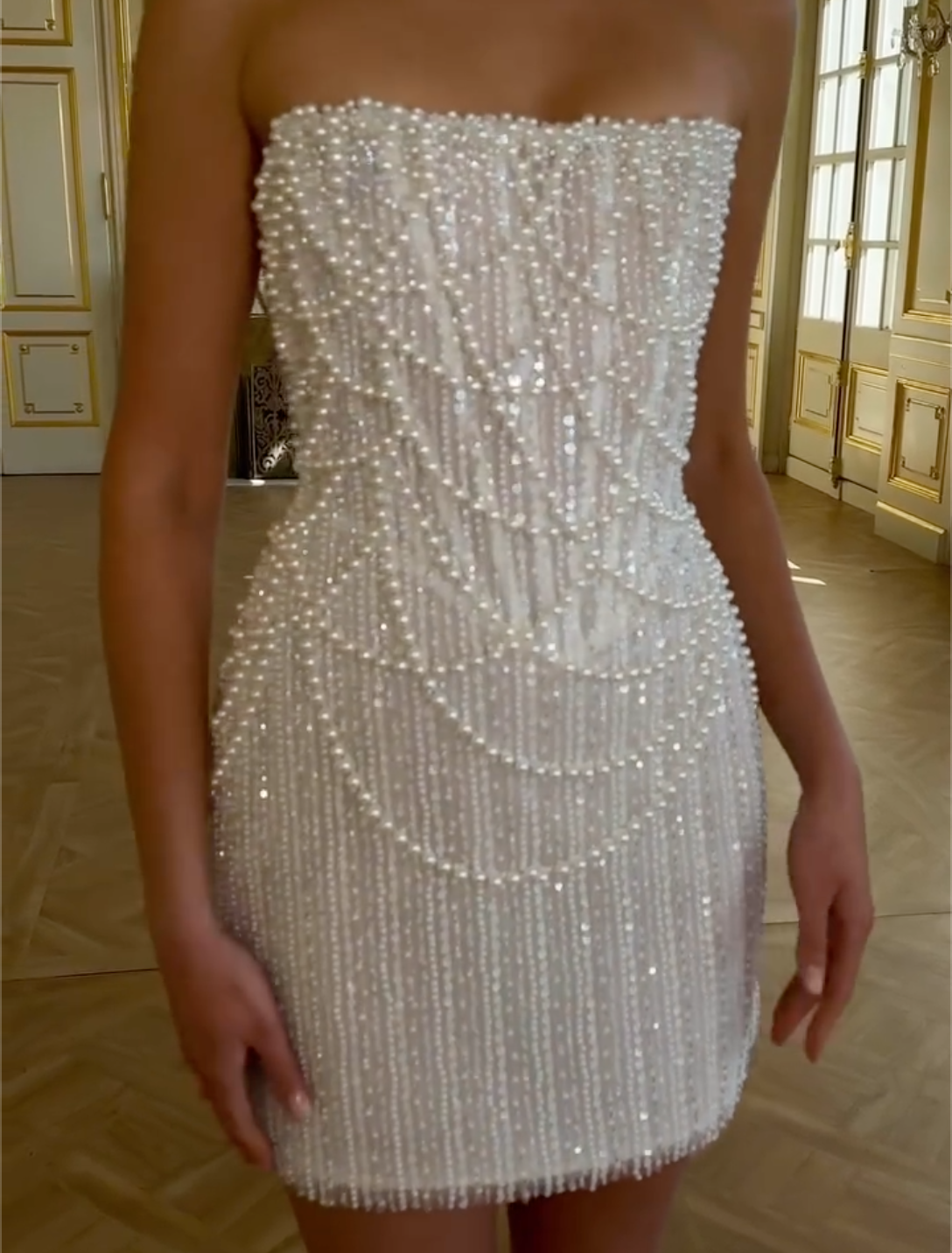 White Strapless Pearl Beaded Mini Dress