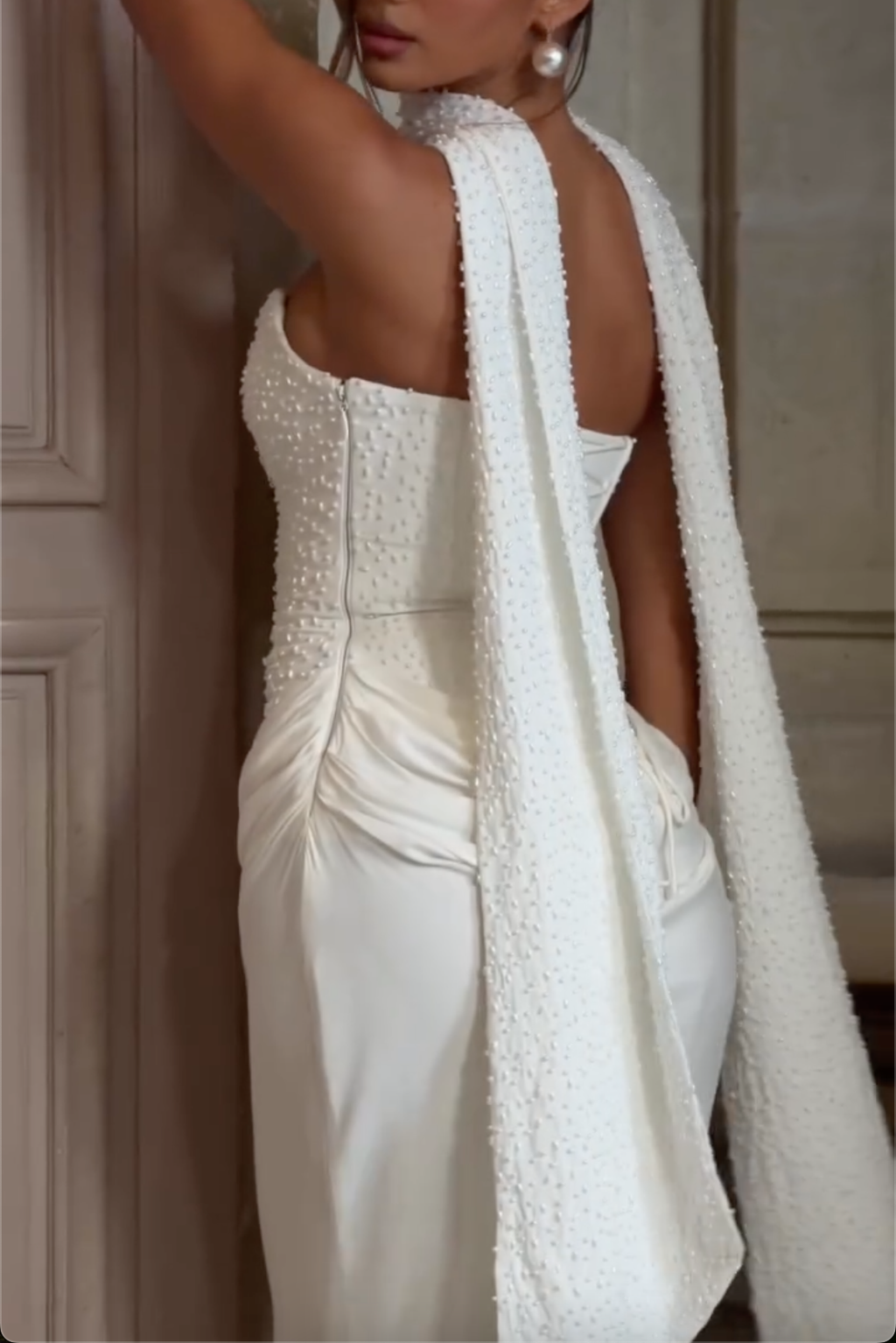 White Strapless Pearl Beaded Corset Draped Satin Mermaid Maxi Wedding Dress With Matching Beaded Scarf