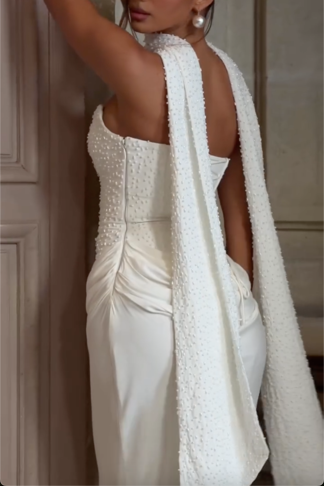 White Strapless Pearl Beaded Corset Draped Satin Mermaid Maxi Wedding Dress With Matching Beaded Scarf