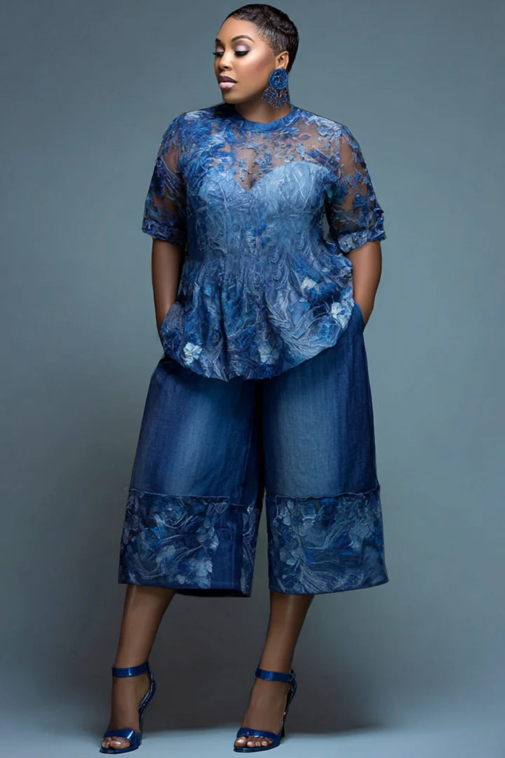 Xpluswear Design Plus Size Daily Lace Blue Round Neck Short Sleeve Contrast Pocket Tencel Denim Two Piece Short Sets