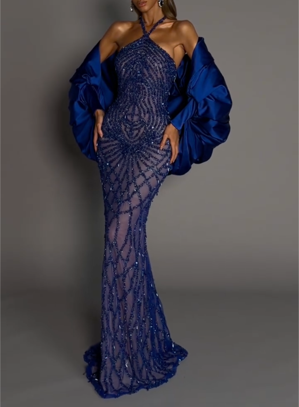 Royal Blue Beaded Halter Neck Mermaid Maxi Evening Dress, Formal Prom Gown