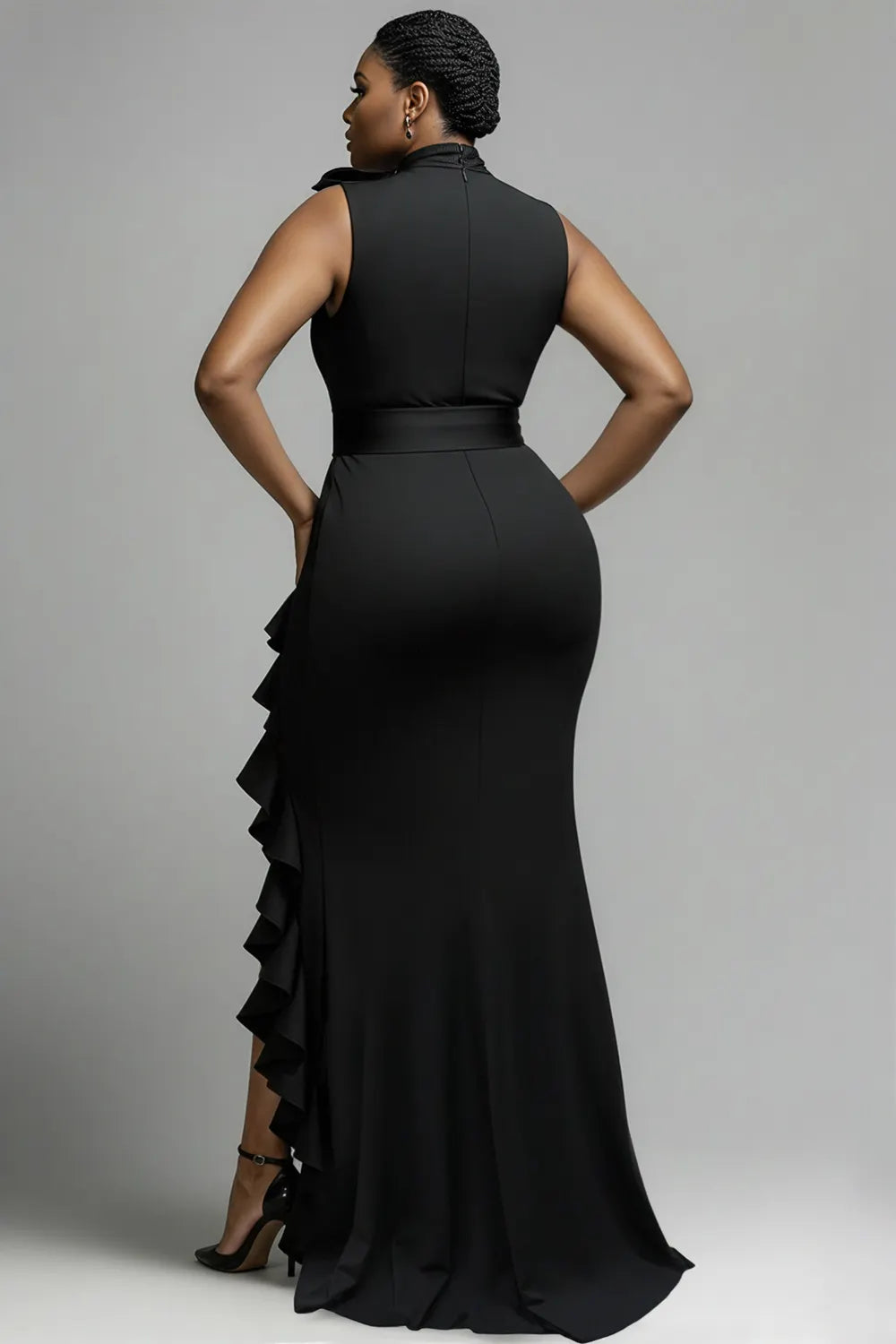 Black V Neck Split Elegant Ruffle Maxi Dresses