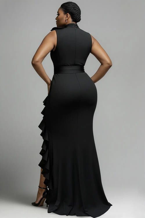 Black V Neck Split Elegant Ruffle Maxi Dresses