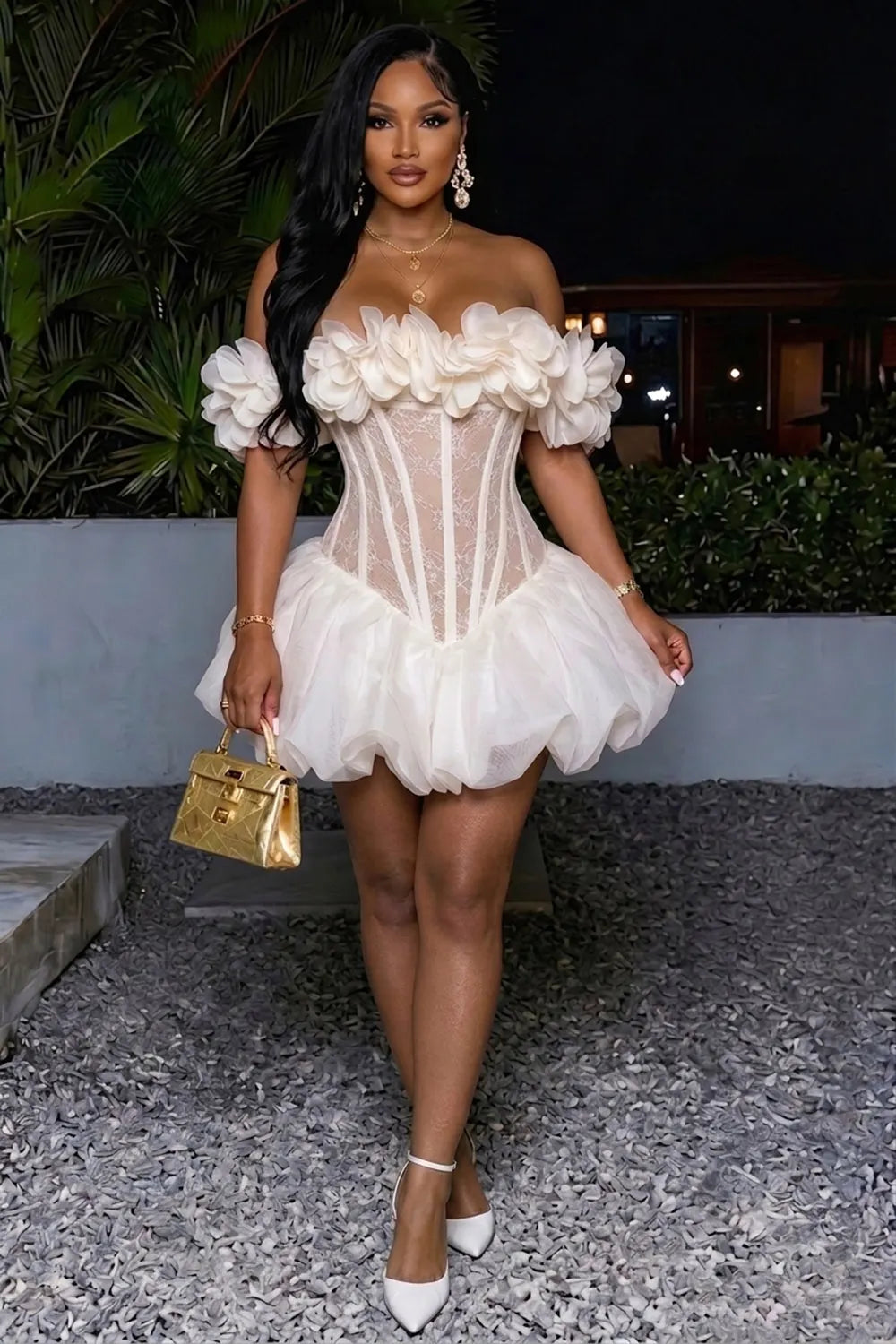Off Shoulder 3D Floral Corset Puff Hem Party Mini Dresses-Beige [Pre Order]