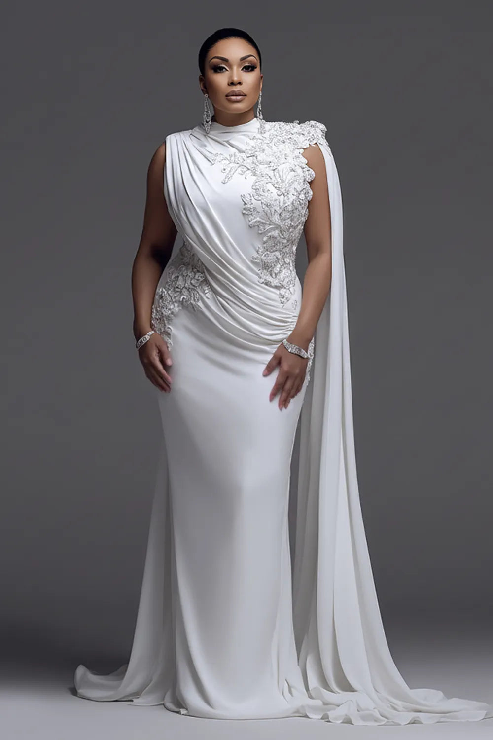 Wedding Lace White Round Neck Cape Sleeve Fold Chiffon Maxi Dresses