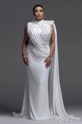 Wedding Lace White Round Neck Cape Sleeve Fold Chiffon Maxi Dresses