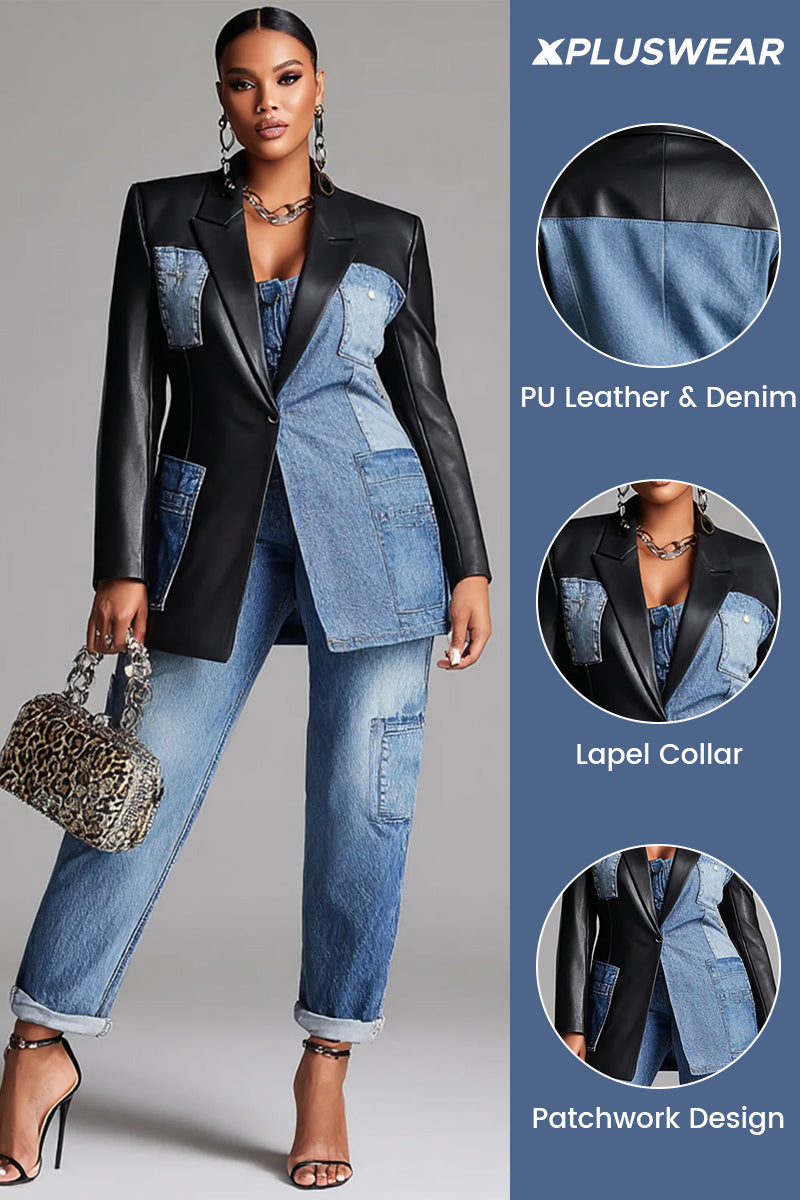 Xpluswear Design Plus Size Business Casual Blue Lapel Collar Long Sleeve Contrast Casual Cargo Denim PU Leather Two Piece Pant Suits