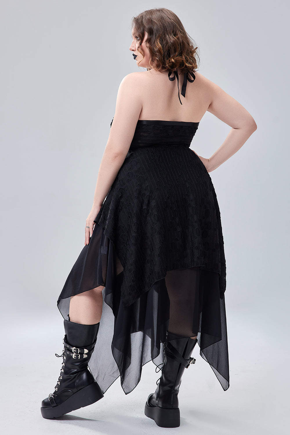 Halloween Costume Black Lace Up Sleeveless Irregular Hollow Knitted Midi Dress(Ships 24h)