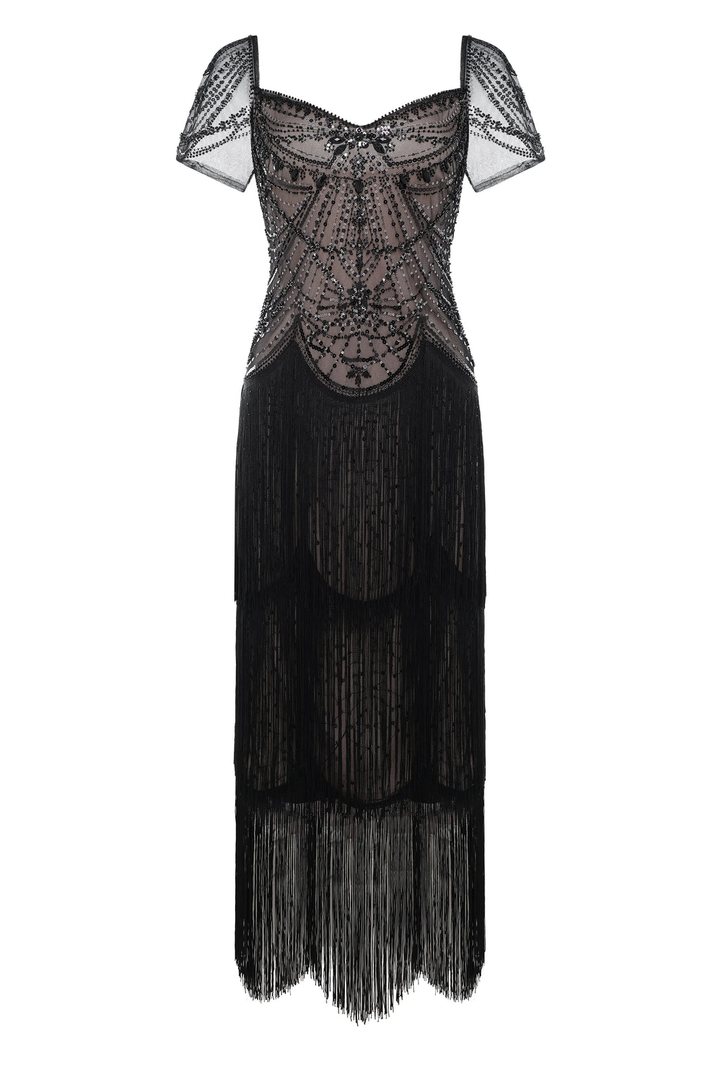 Black Beaded Fringe Gatsby Midi Dress – Vintage Cocktail Statement Look